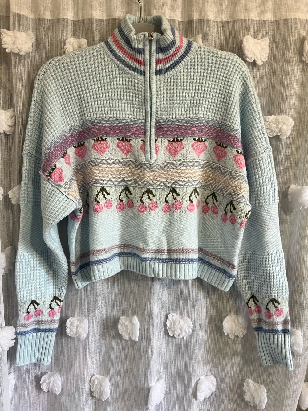 Juniors' Sugar Moon Long sleeve Quarter zip Jacquard Sweater